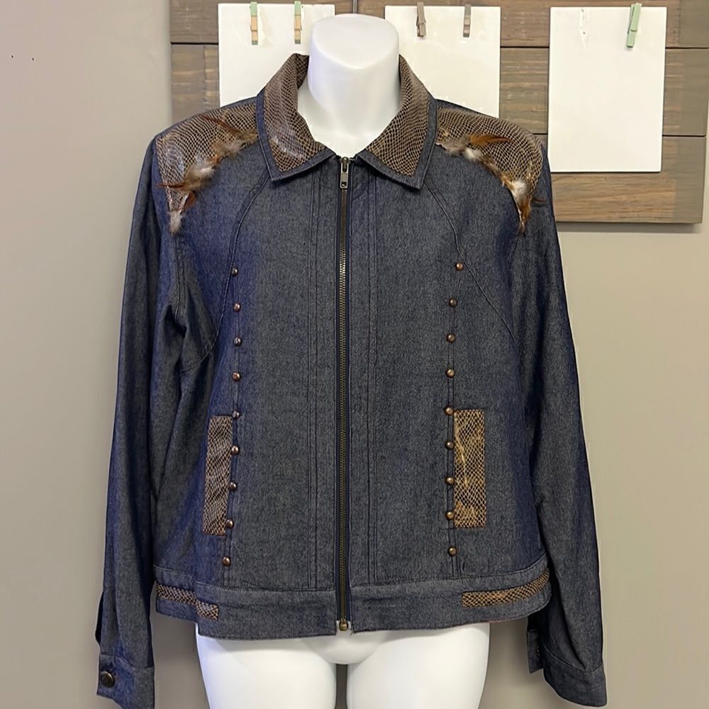 Patchington Vintage Silk Cotton Zip Up Jean Jacket Faux Snakeskin & Feathers-Med